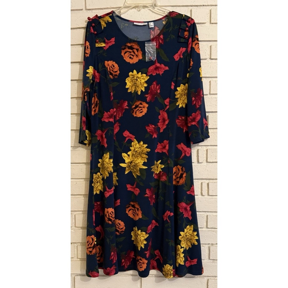 Susan Graver Dress Womens Med.- Blue Floral Print 3/4 Sleeve Fit Flare Midi NWOT